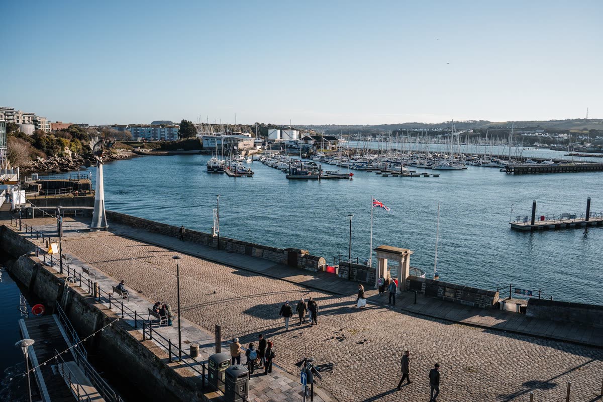 Plymouth waterfront and marina on a clear day