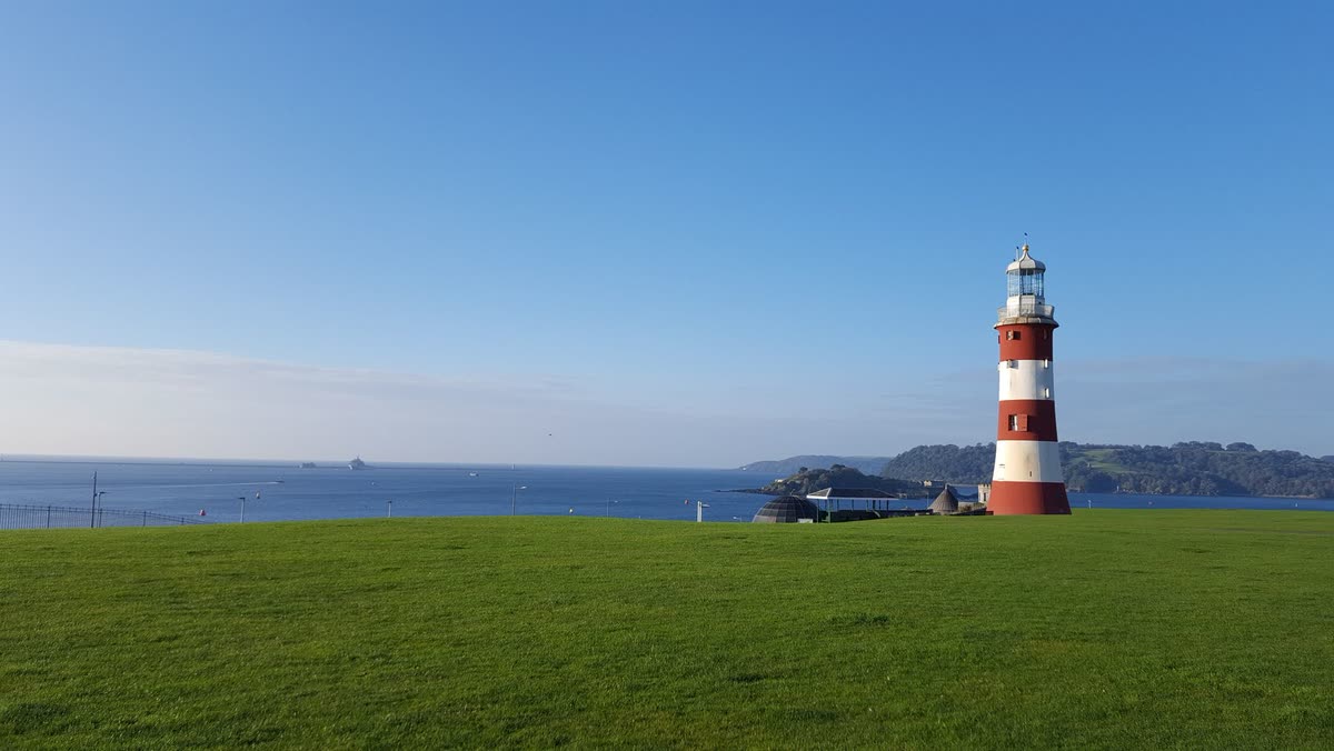 Smeaton's Tower on Plymouth Hoe with the sea behind it